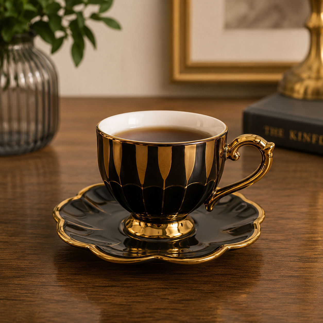 BLACK & GOLD PORCELAIN CUP & SAUCER SET