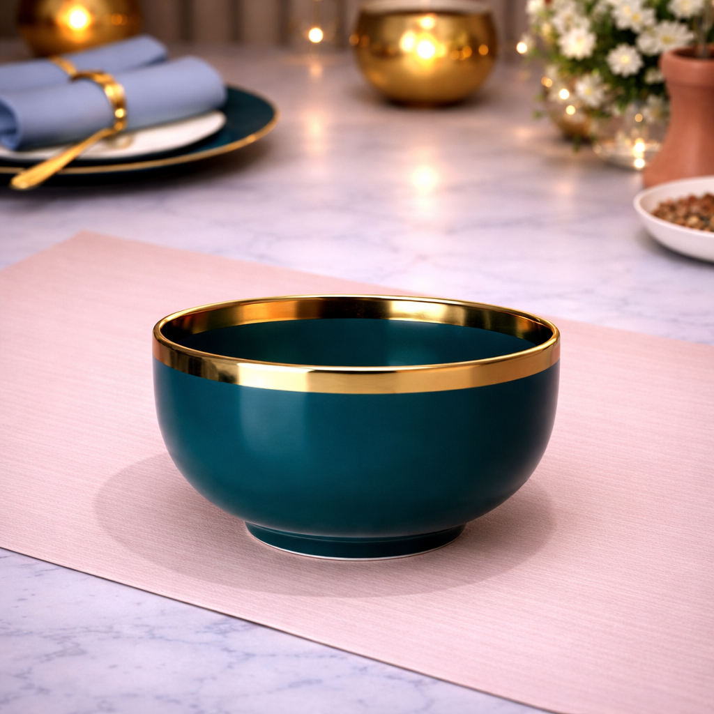 DANNY HOME TEAL CERAMIC BOWL WITH GOLD RIM 11.43CM -45DLW-3003