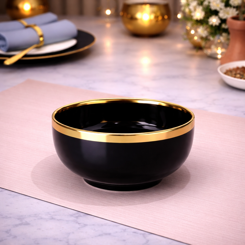 DANNY HOME BLACK CERAMIC BOWL WITH GOLD RIM 11.43CM -45DLW-3008