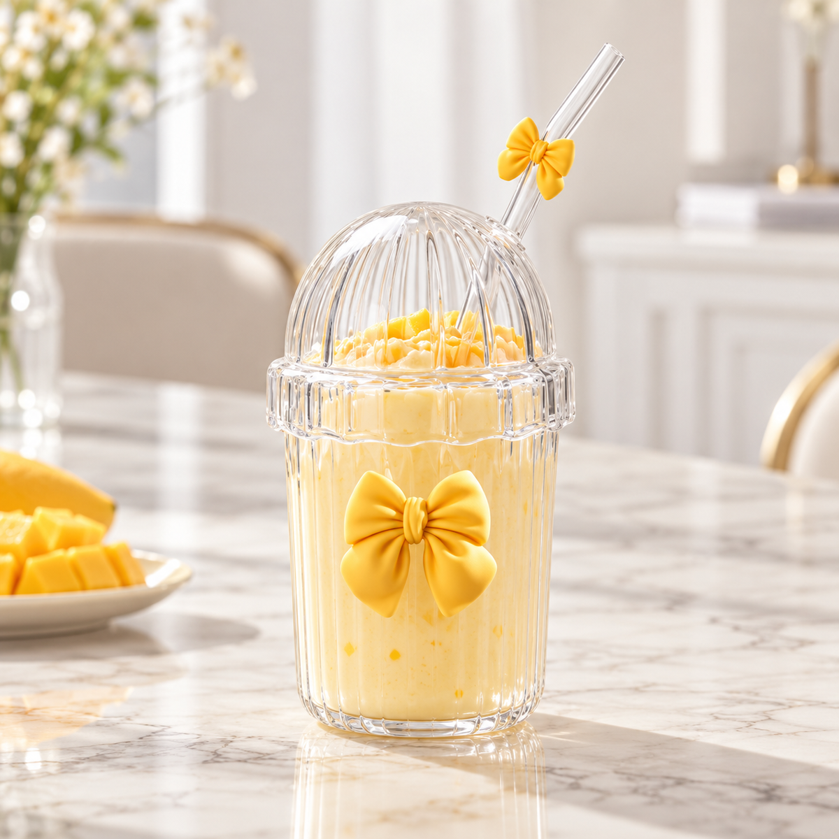 Glasslux Ribbed Pookie Bow Dome Cup With Straw - Yellow / 400 ml