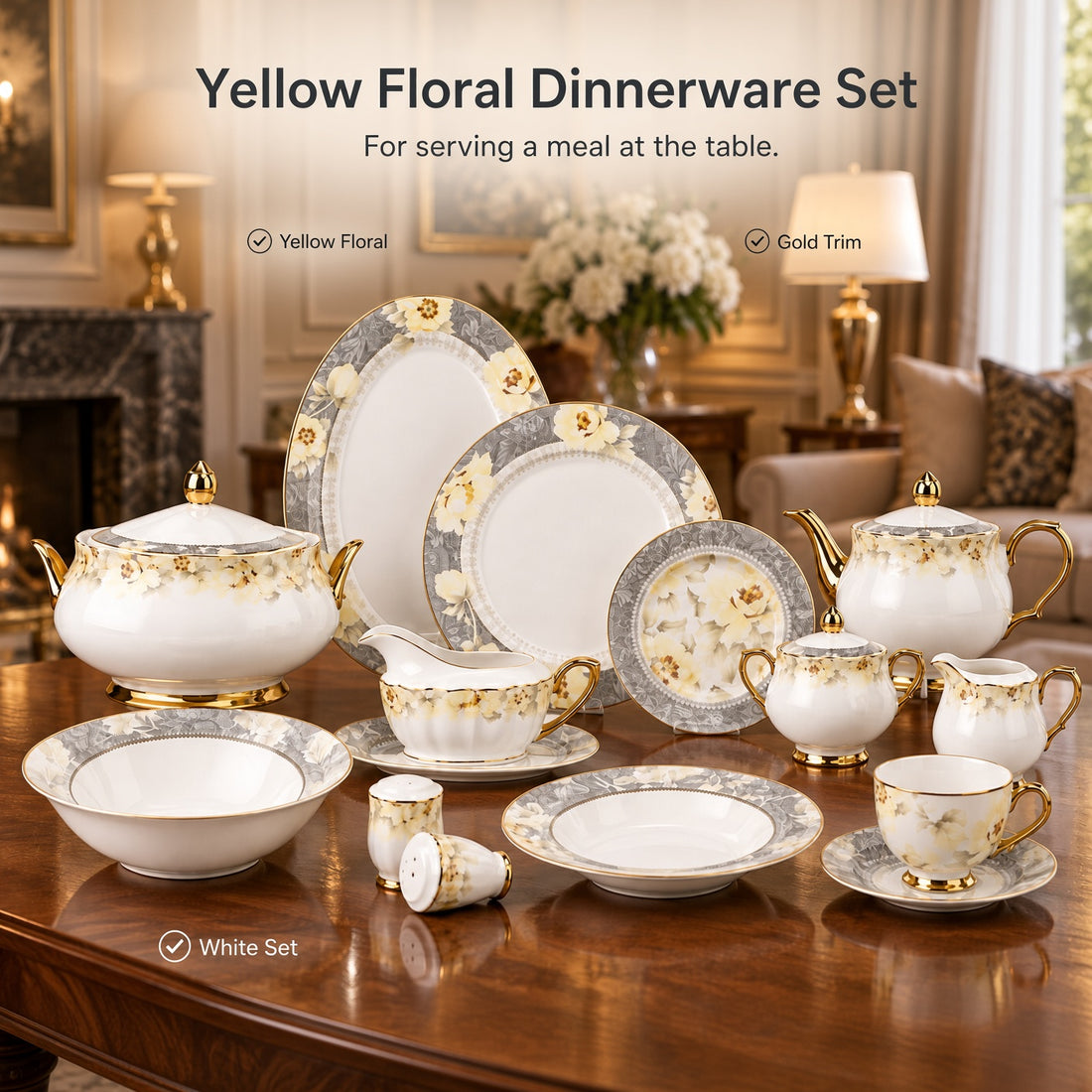 Johnson Bros Inspired Yellow Floral Pattern Grey Borders & Gold Trims Bone China Dinner Set