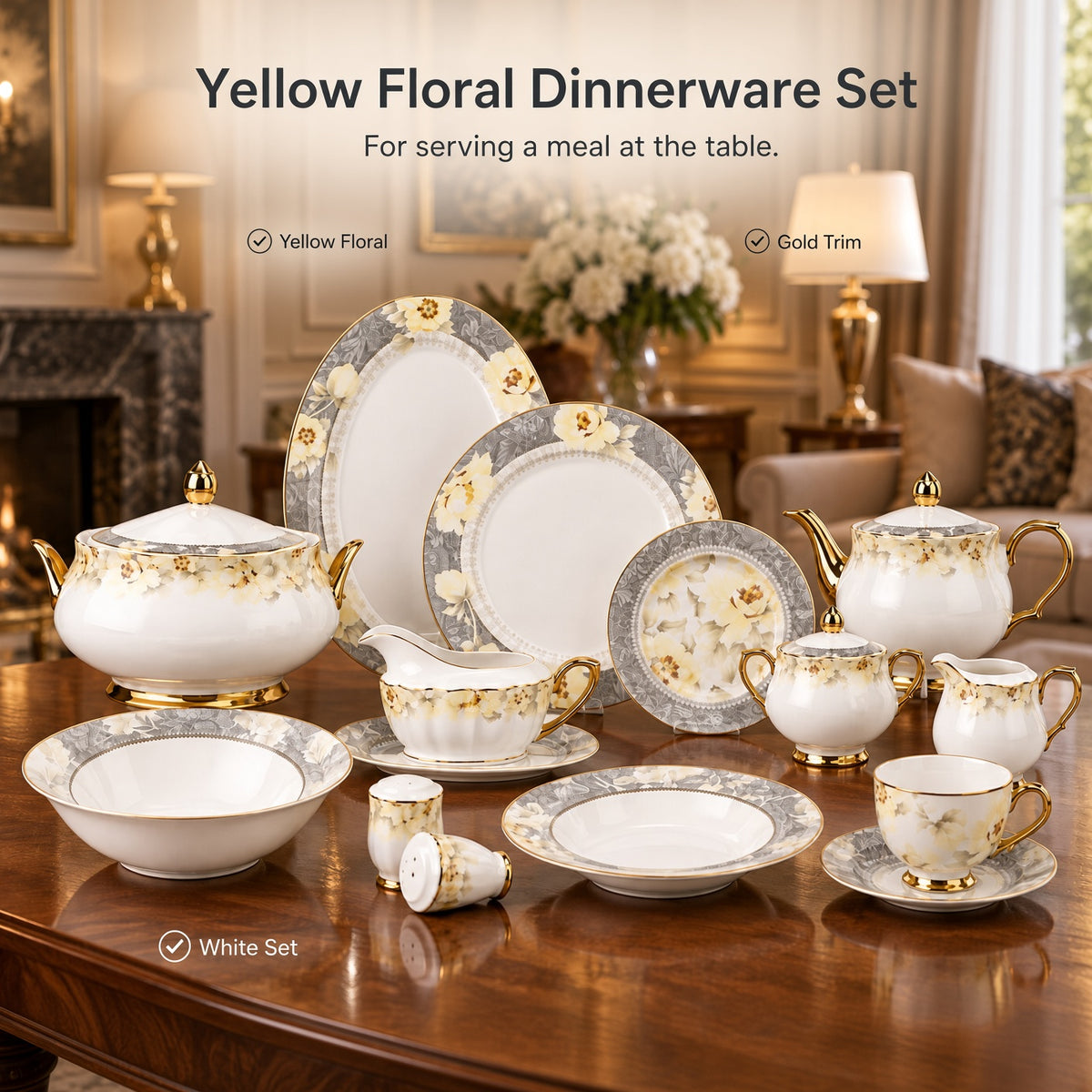 Johnson Bros Inspired Yellow Floral Pattern Grey Borders & Gold Trims Bone China Dinner Set
