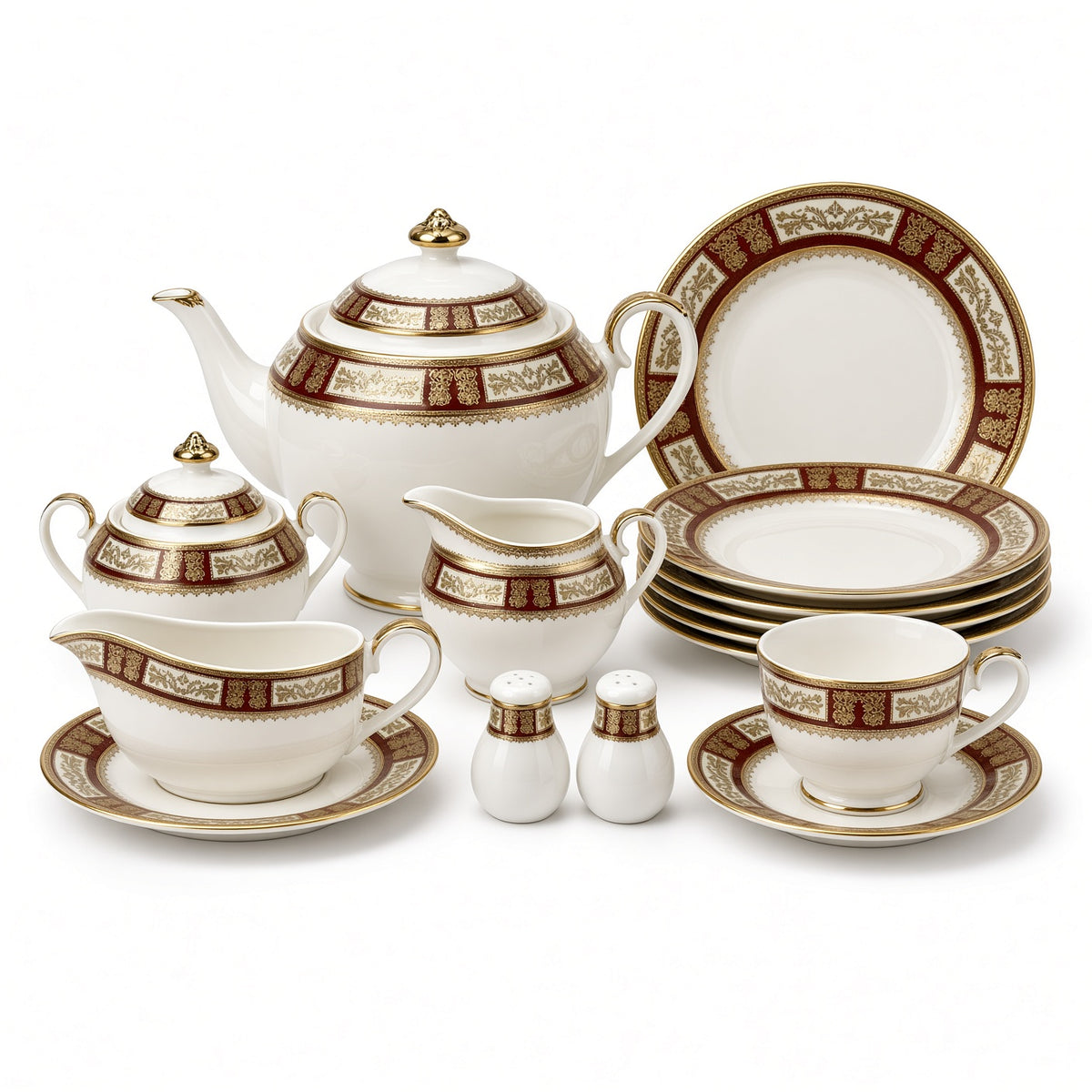 Yamasen Japan Inspired Borders Red Gold Plated Porcelain Dinner Set