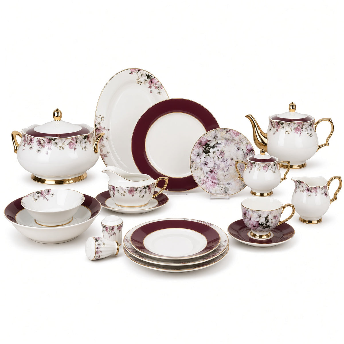 Johnson Bros Inspired Purple Floral Patterns Maroon Borders & Gold Trims Bone China Dinner Set