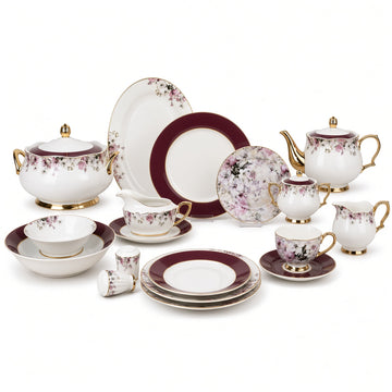 Johnson Bros Inspired Purple Floral Patterns Maroon Borders & Gold Trims Bone China Dinner Set