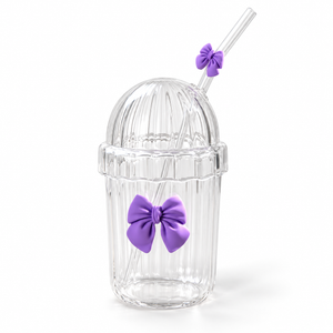 Glasslux Ribbed Pookie Bow Dome Cup With Straw - Purple / 400 ml