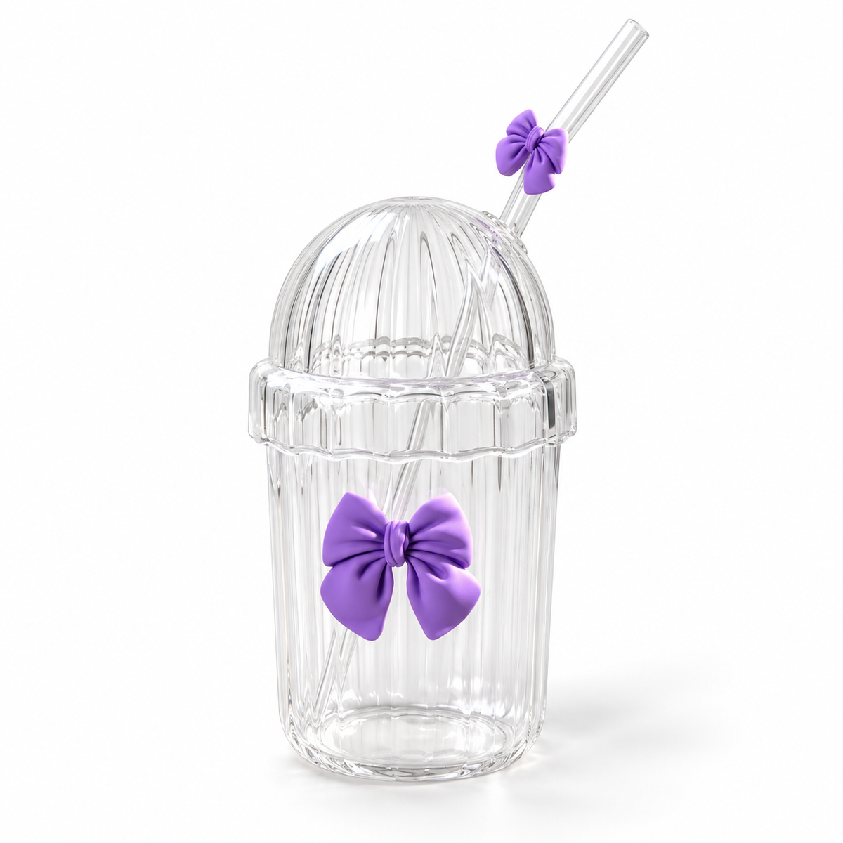 Glasslux Ribbed Pookie Bow Dome Cup With Straw - Purple / 400 ml