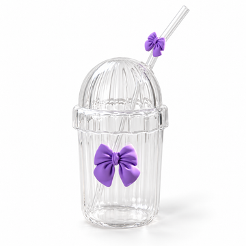 Glasslux Ribbed Pookie Bow Dome Cup With Straw - Purple / 400 ml
