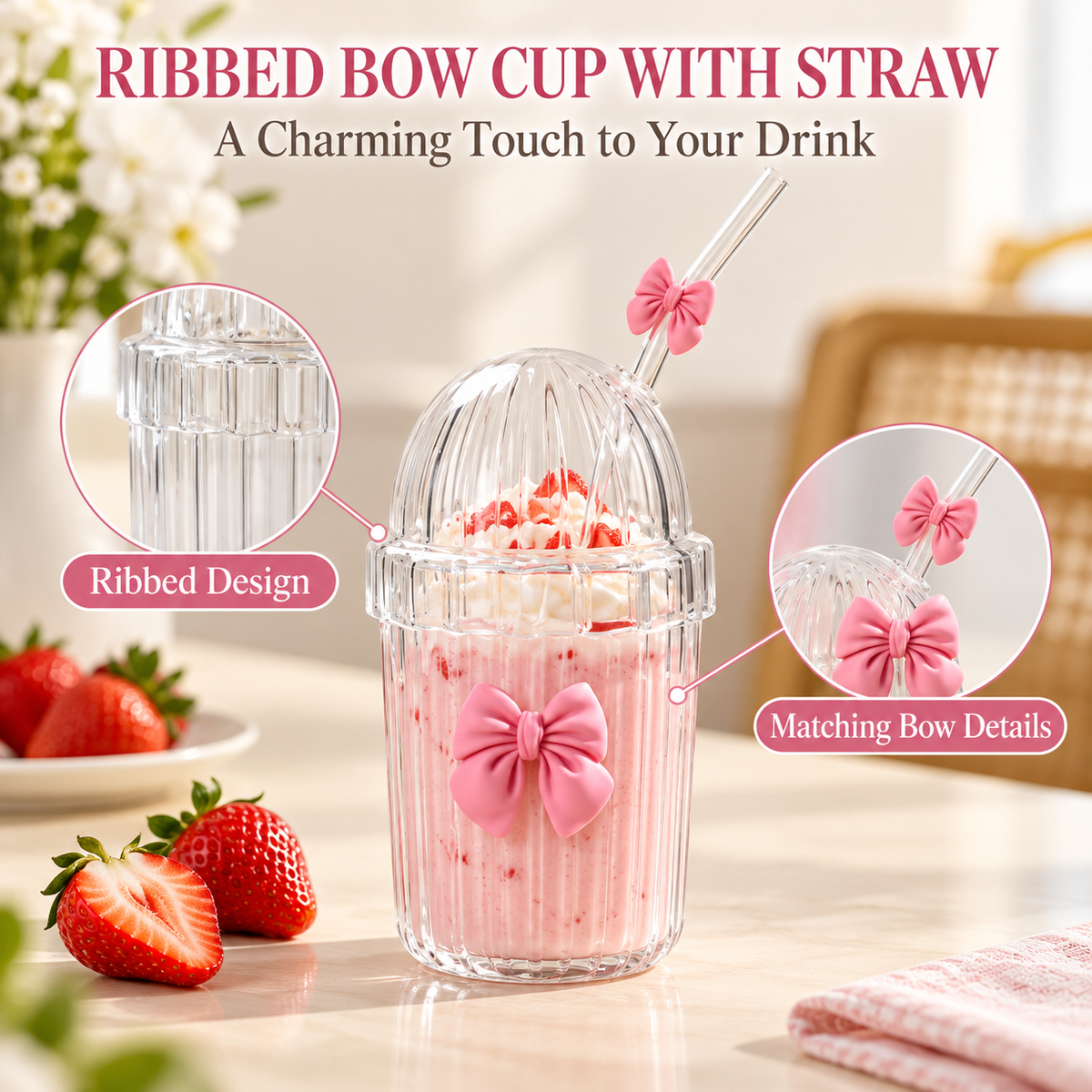Glasslux Ribbed Pookie Bow Dome Cup With Straw - Pink / 400 ml