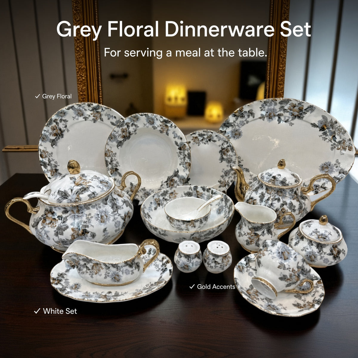 Royal Albert Inspired Grey Floral Patterns 75 Pieces 8 Persons Serving Bone China Dinner Set