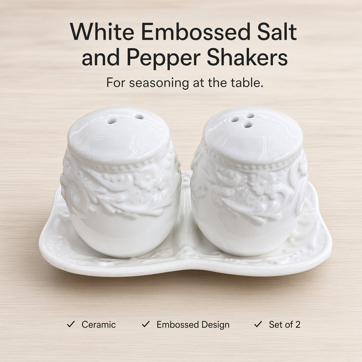 Kitchlux Ceramic Salt and Pepper Shakers - White Embossed