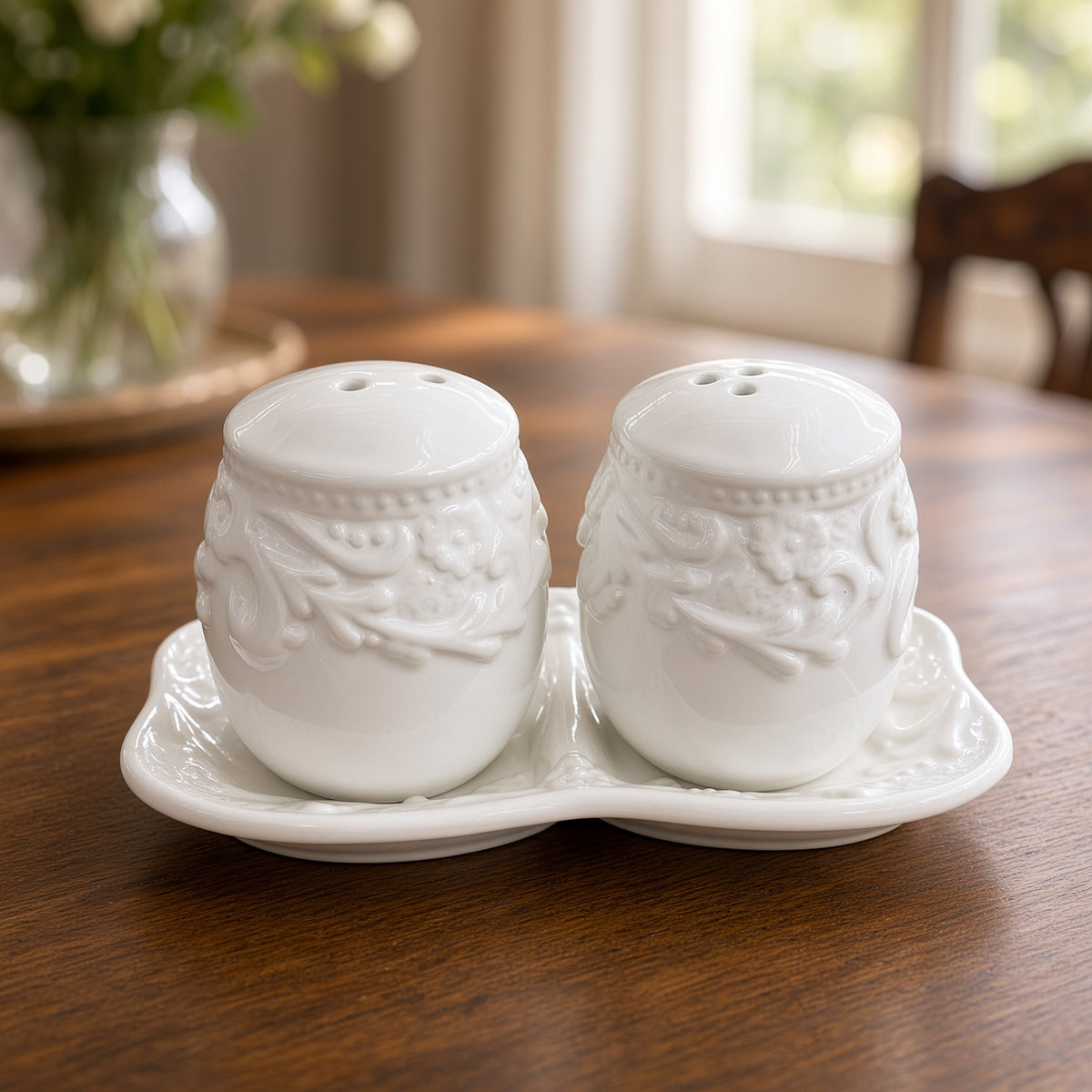 Kitchlux Ceramic Salt and Pepper Shakers - White Embossed