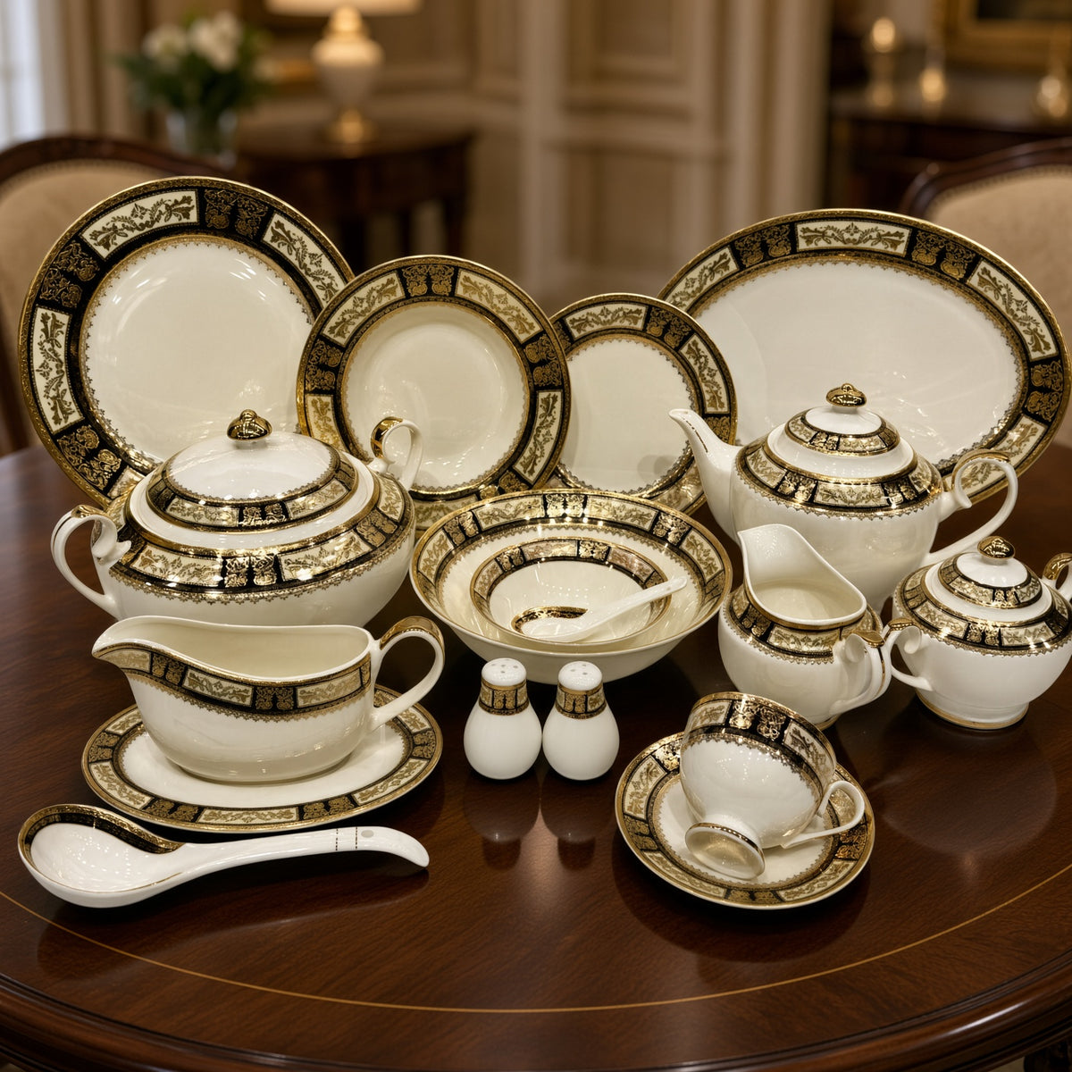 Yamasen Japan Inspired Black Ornate Gold Plated Porcelain Dinner Set