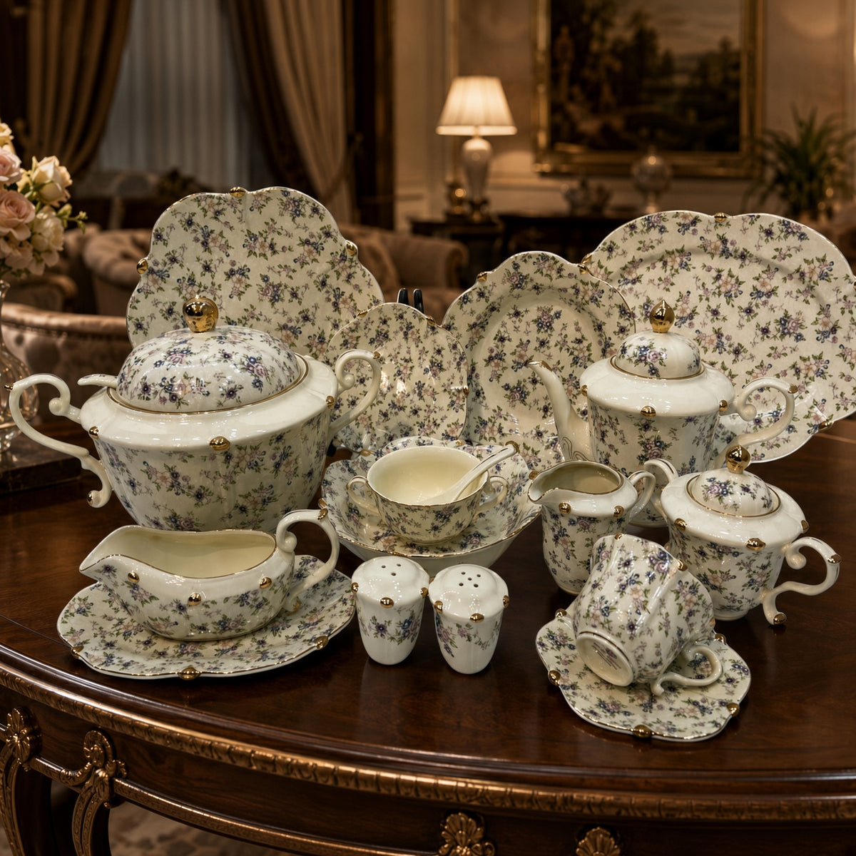 Royal Albert Inspired Small Purple & Green Floral Patterns 75 Pieces 8 Persons Serving Bone China Dinner Set