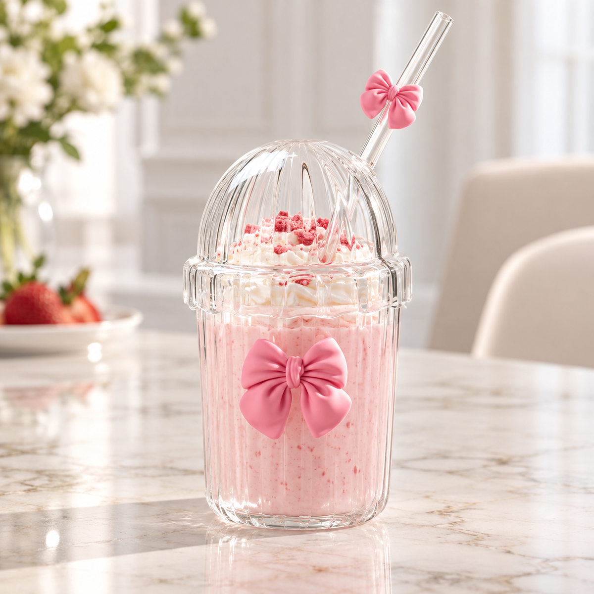 Glasslux Ribbed Pookie Bow Dome Cup With Straw - Pink / 400 ml