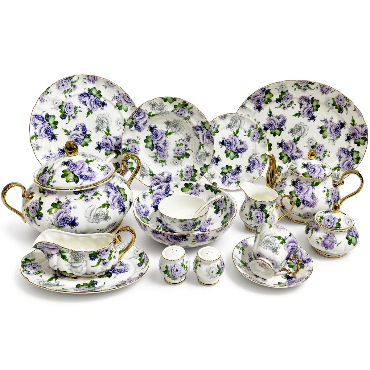 Royal Albert Inspired Purple & Green Floral Patterns With Gold Accents 75 Pieces 8 Persons Serving Bone China Dinner Set