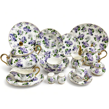 Royal Albert Inspired Purple & Green Floral Patterns With Gold Accents 75 Pieces 8 Persons Serving Bone China Dinner Set