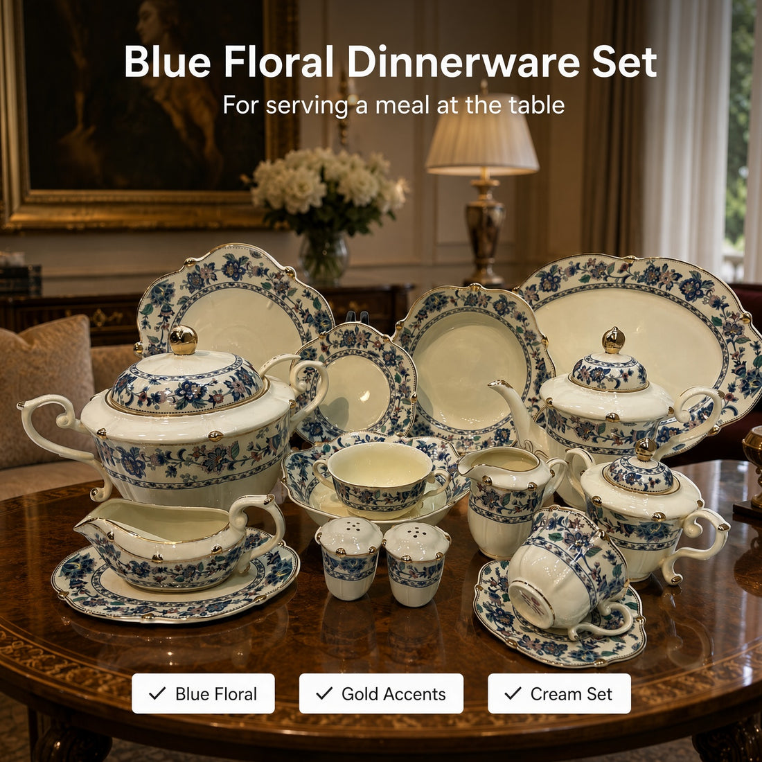 Royal Albert Inspired Blue Multi-Colour Floral & Gold Accents 75 Pieces 8 Person Serving Bone China Dinner Set