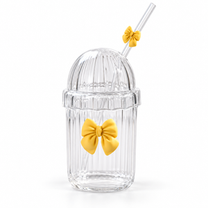 Glasslux Ribbed Pookie Bow Dome Cup With Straw - Yellow / 400 ml