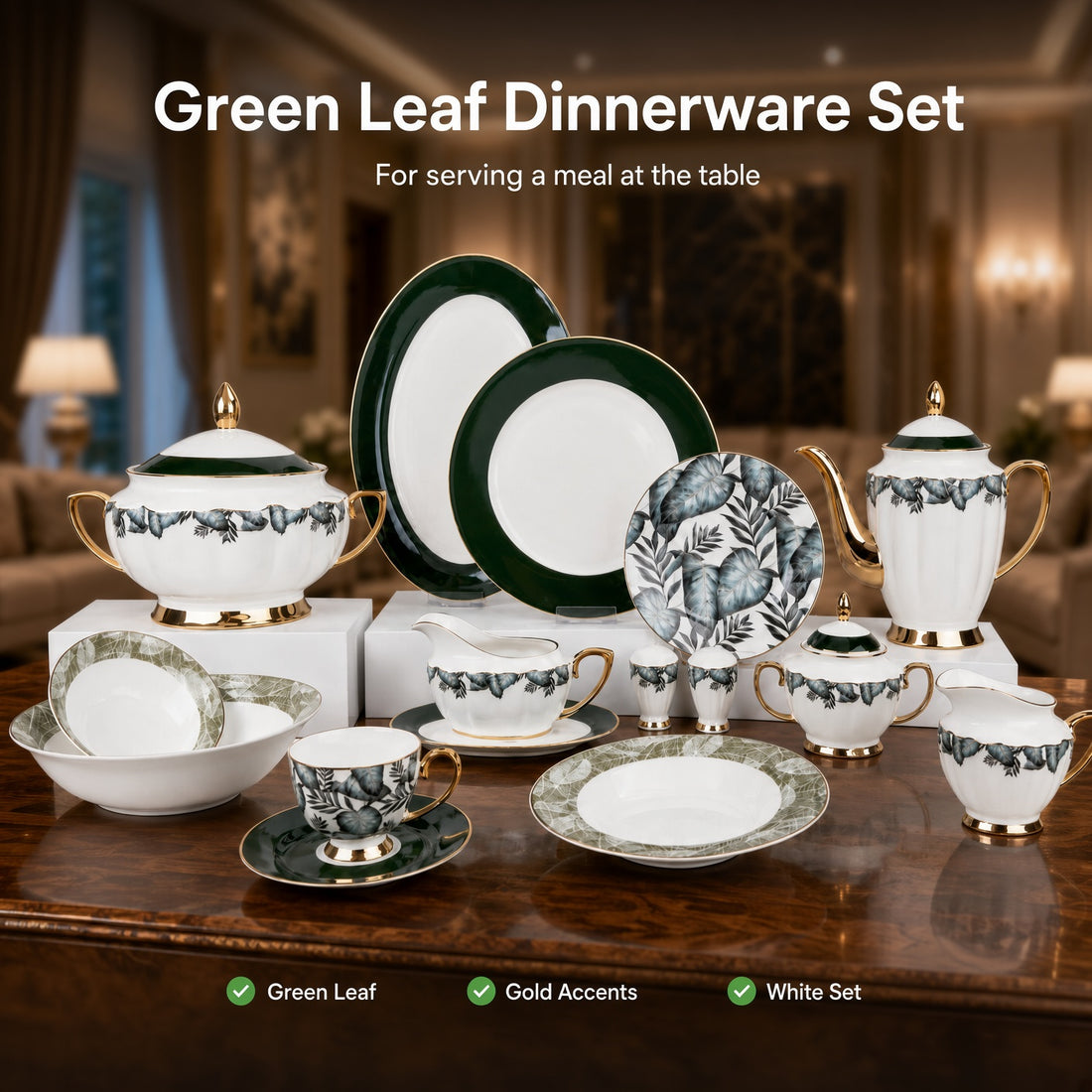 Johnson Bros Inspired Green Leaf Patterns Bone China Dinner Set