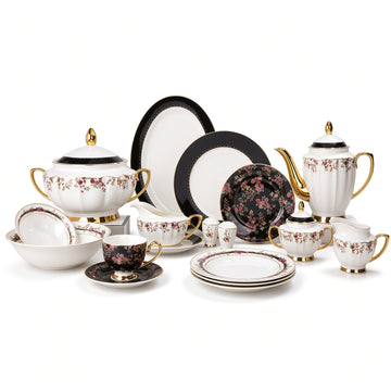 Johnson Bros Inspired Pink Rose Black Floral Patterns Bone China Dinner Set