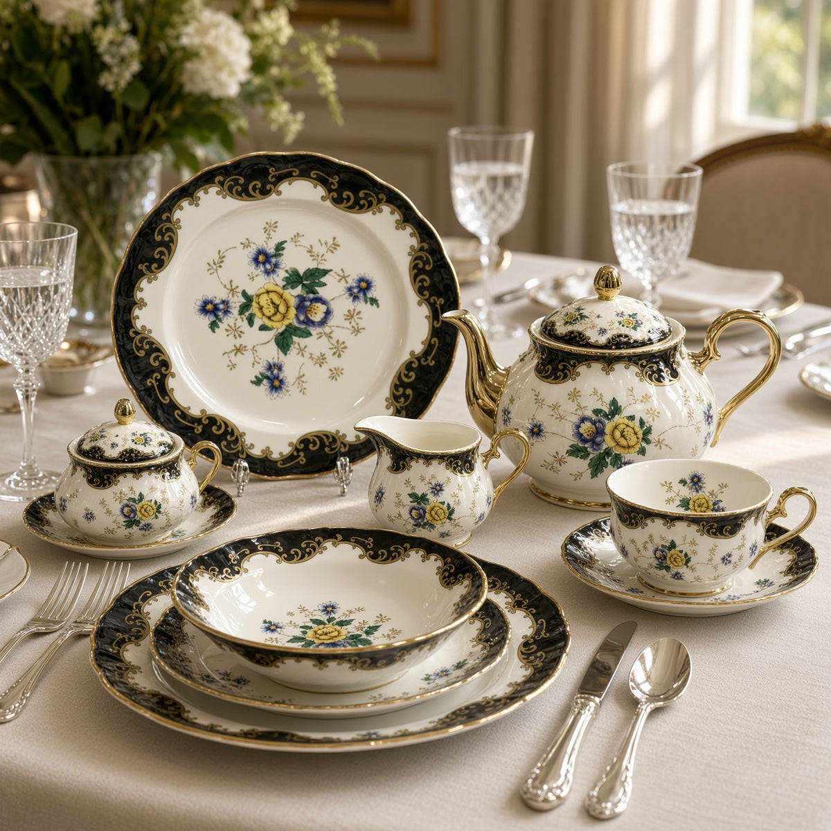 Royal Albert Inspired Black Border Floral Patterns 75 Pieces 8 Persons Serving Bone China Dinner Set