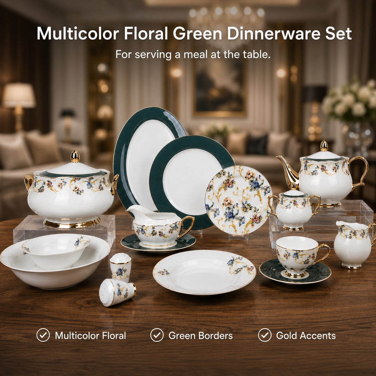 Johnson Bros Inspired Green Multi-Coloured Green Patterns Bone China Dinner Set