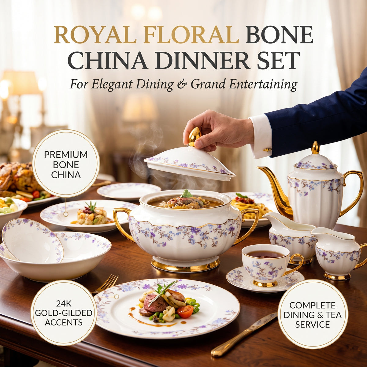 Johnson Bros Inspired Purple Floral Patterns Bone China Dinner Set