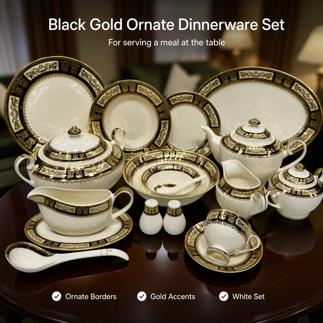Yamasen Japan Inspired Black Ornate Gold Plated Porcelain Dinner Set