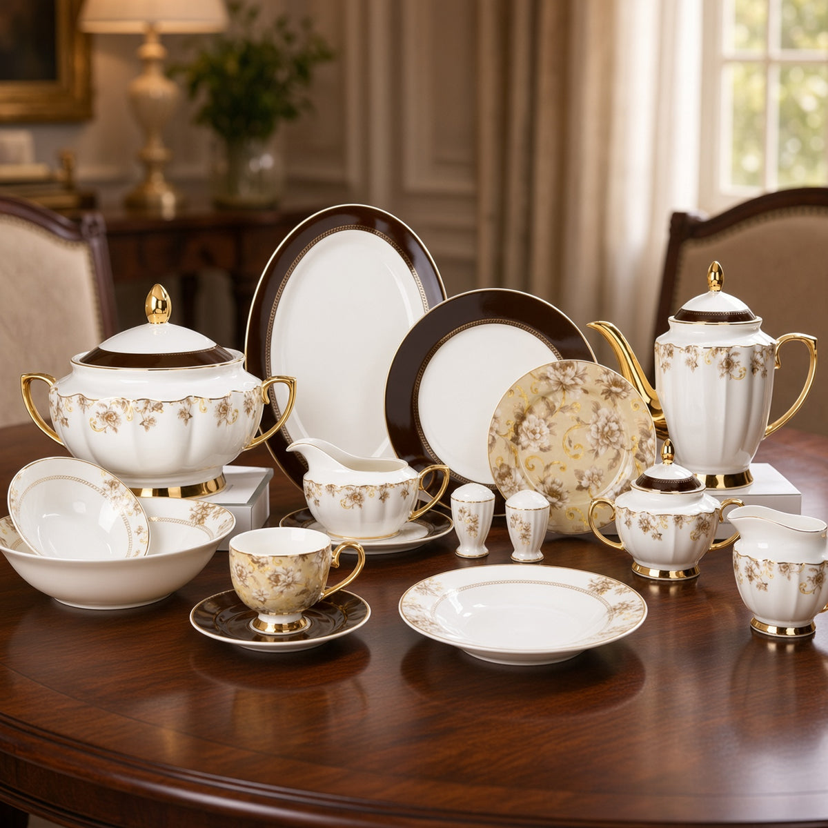Johnson Bros Inspired Brown Gold Floral Patterns Trims Bone China Dinner Set