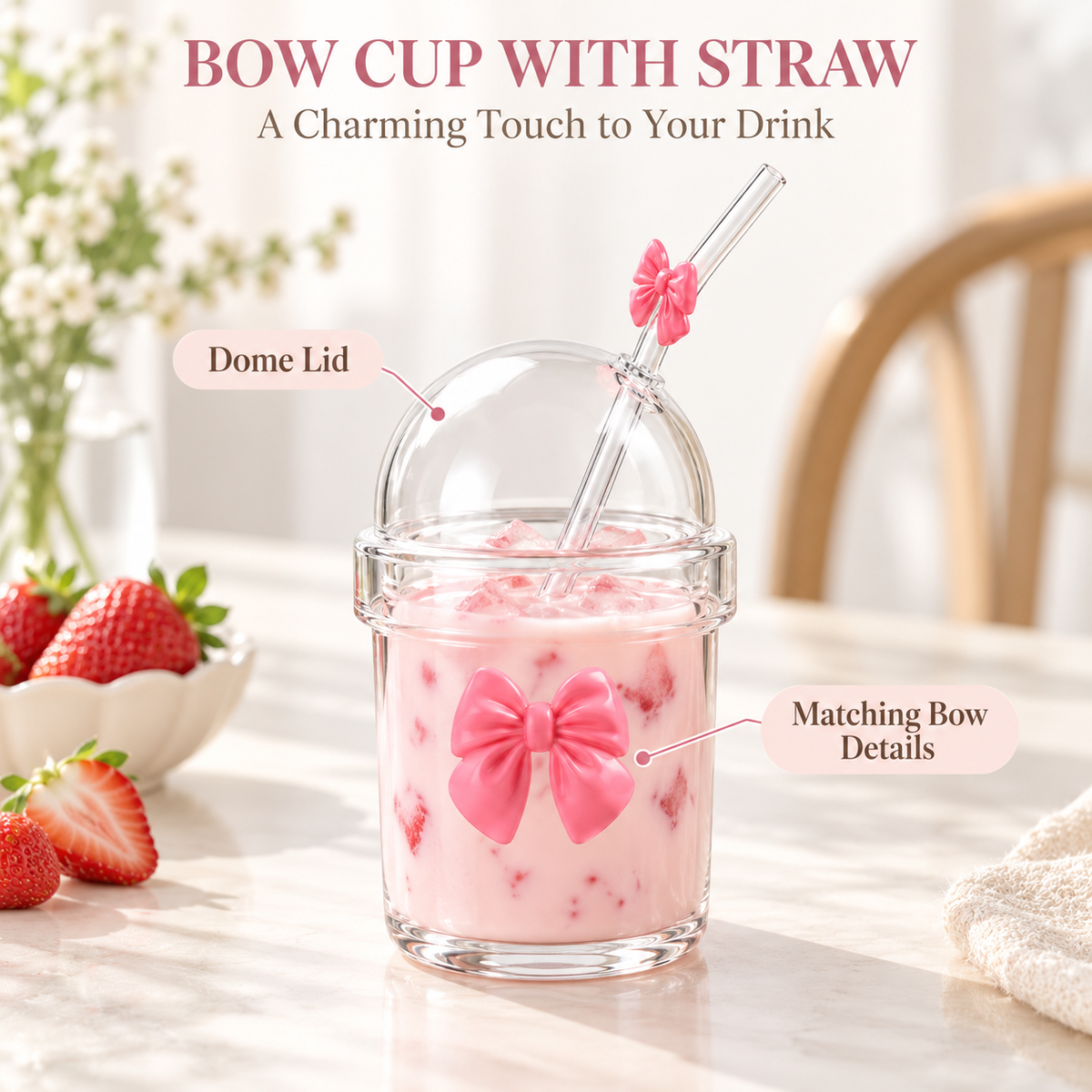 Glasslux Pookie Bow Straw Mug - Pink / 400 ml