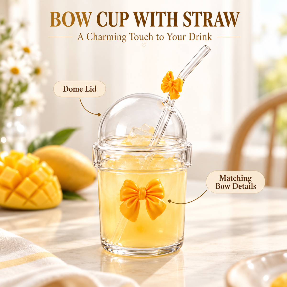 Glasslux Pookie Bow Dome Cup With Straw - Yellow / 400 ml