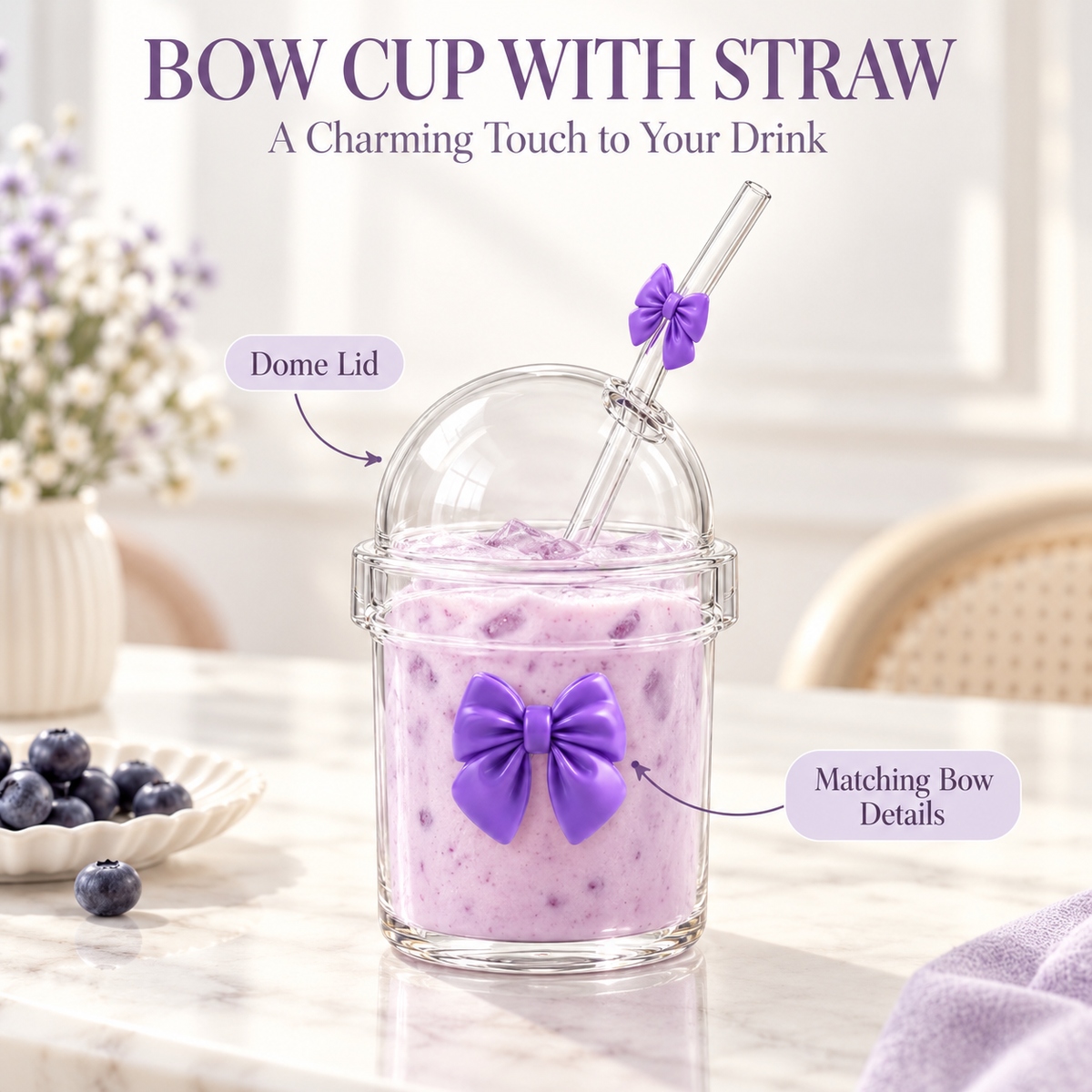 Glasslux Pookie Bow Dome Cup With Straw - Purple / 400 ml