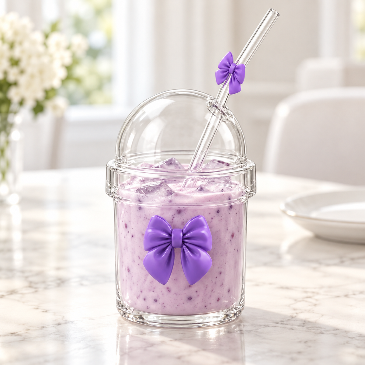Glasslux Pookie Bow Dome Cup With Straw - Purple / 400 ml