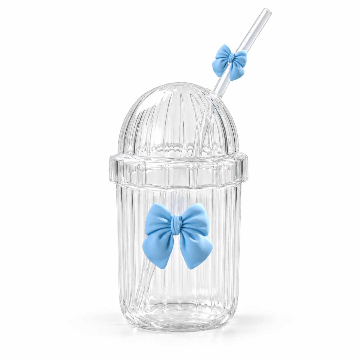 Glasslux Ribbed Pookie Bow Dome Cup With Straw - Blue / 400 ml