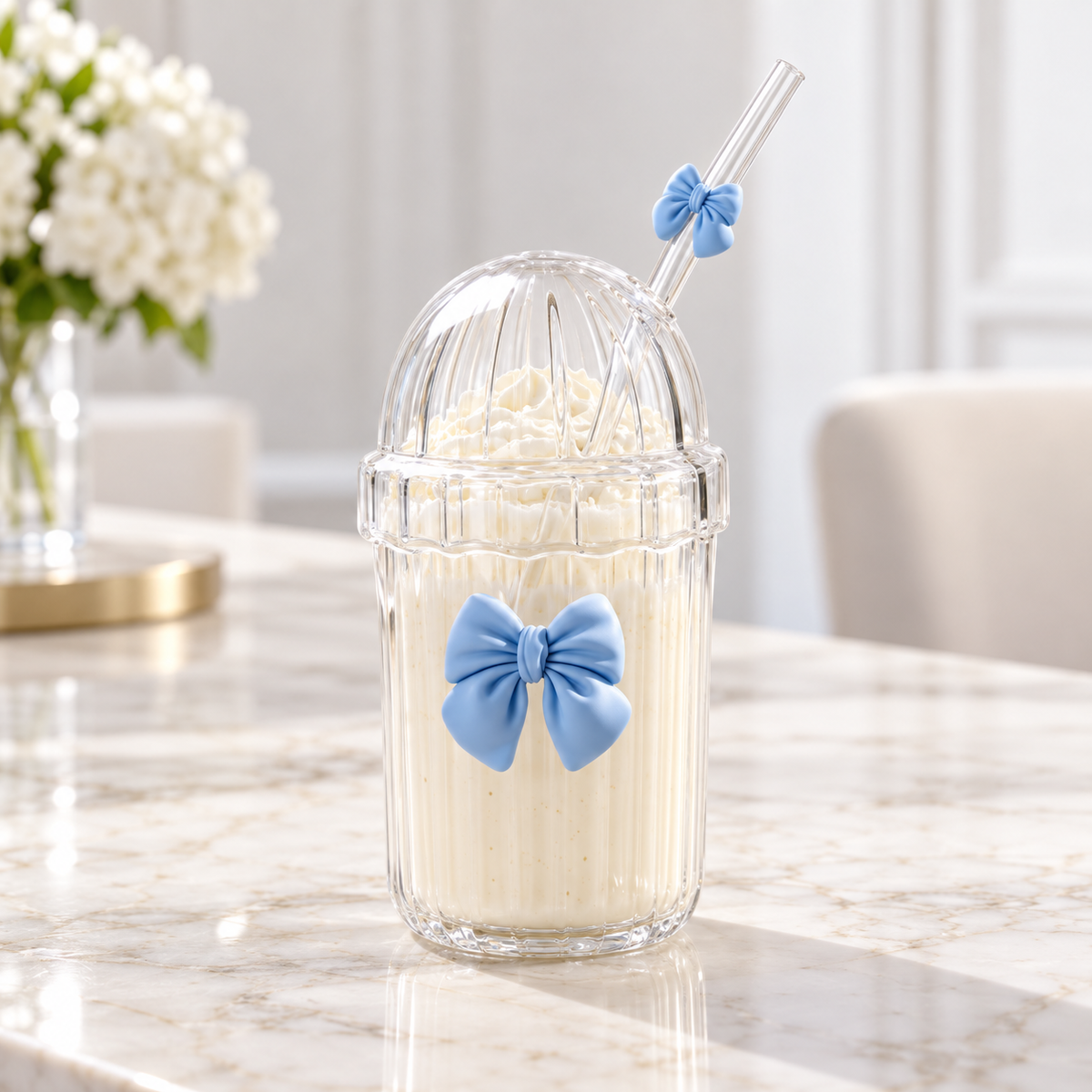 Glasslux Ribbed Pookie Bow Dome Cup With Straw - Blue / 400 ml