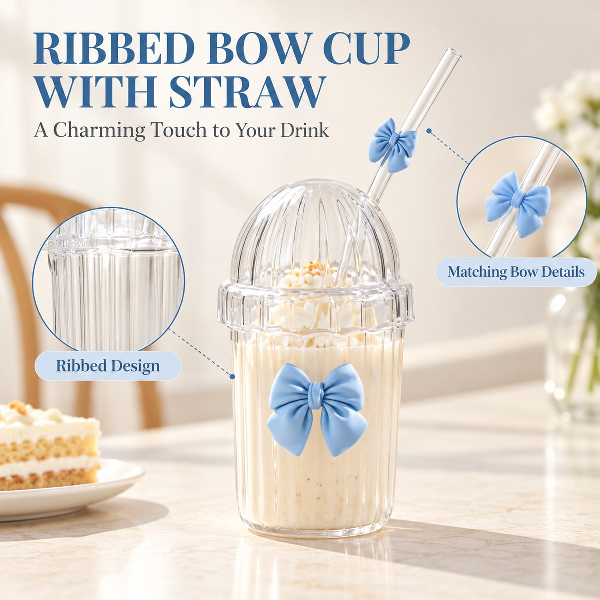 Glasslux Ribbed Pookie Bow Dome Cup With Straw - Blue / 400 ml