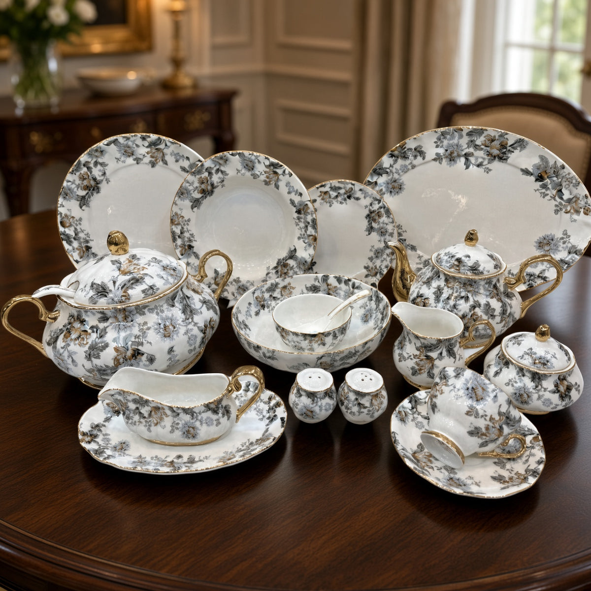Royal Albert Inspired Grey Floral Patterns 75 Pieces 8 Persons Serving Bone China Dinner Set