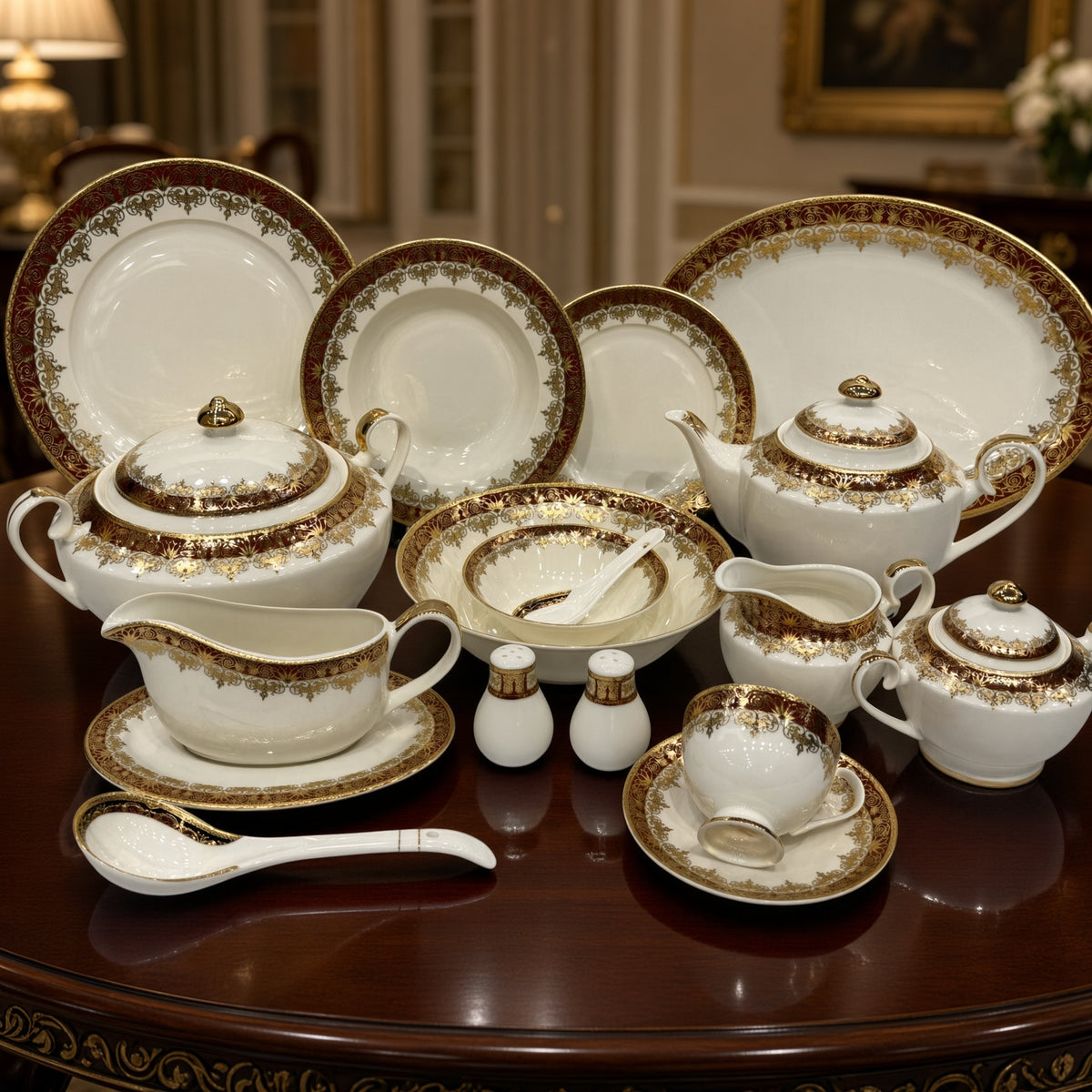Yamasen Japan Inspired Red Ornate Gold Plated Porcelain Dinner Set