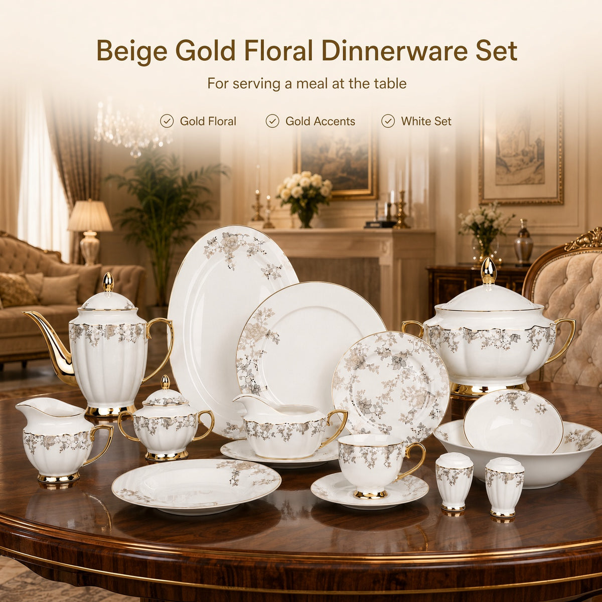 Johnson Bros Inspired Delicate Beige Gold Floral Patterns Bone China Dinner Set