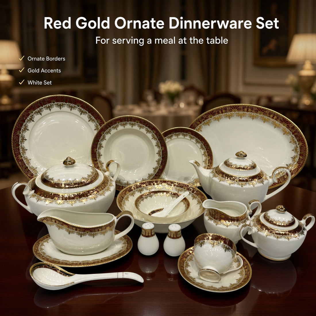 Yamasen Japan Inspired Red Ornate Gold Plated Porcelain Dinner Set