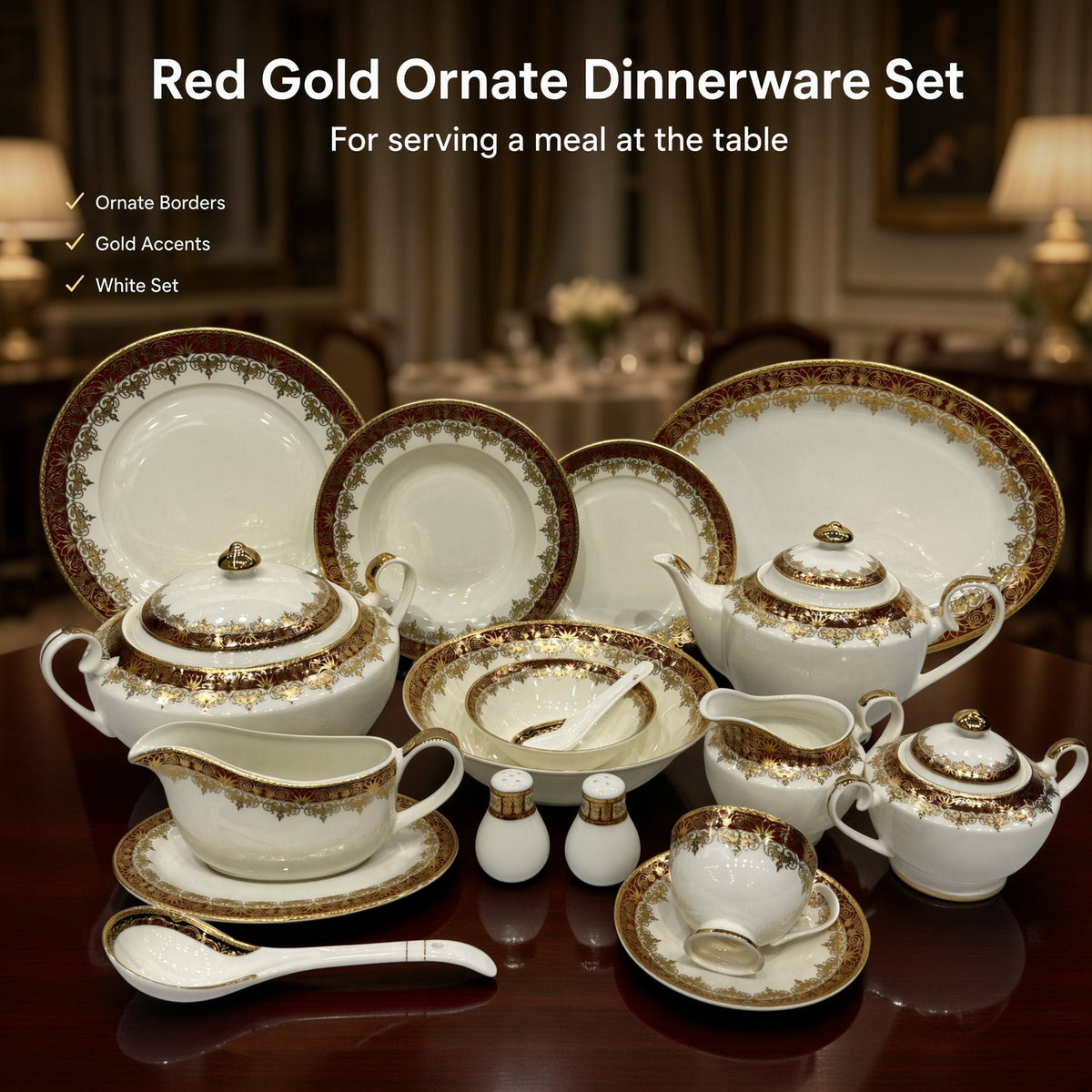 Yamasen Japan Inspired Red Ornate Gold Plated Porcelain Dinner Set
