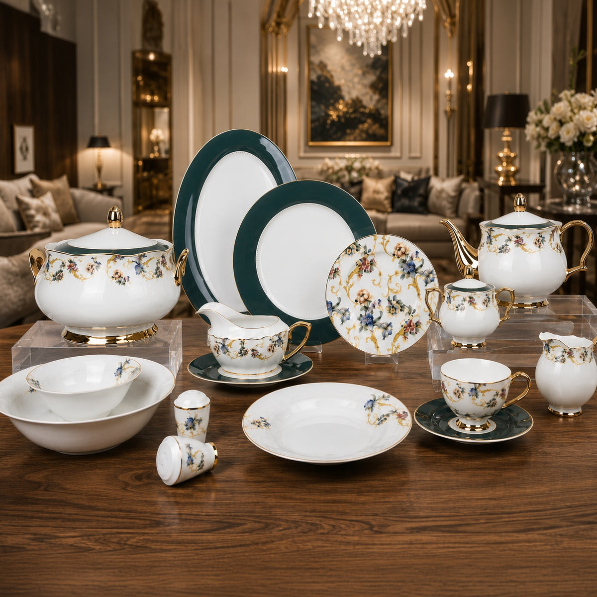 Johnson Bros Inspired Green Multi-Coloured Green Patterns Bone China Dinner Set