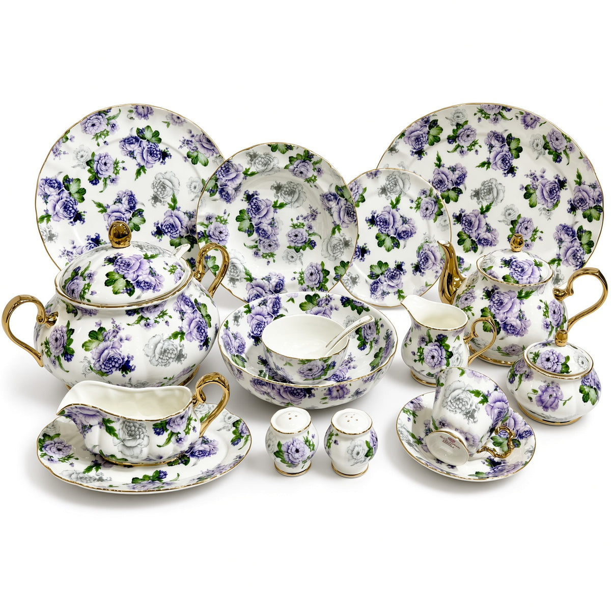 Royal Albert Inspired Purple & Green Floral Patterns With Gold Accents 75 Pieces 8 Persons Serving Bone China Dinner Set