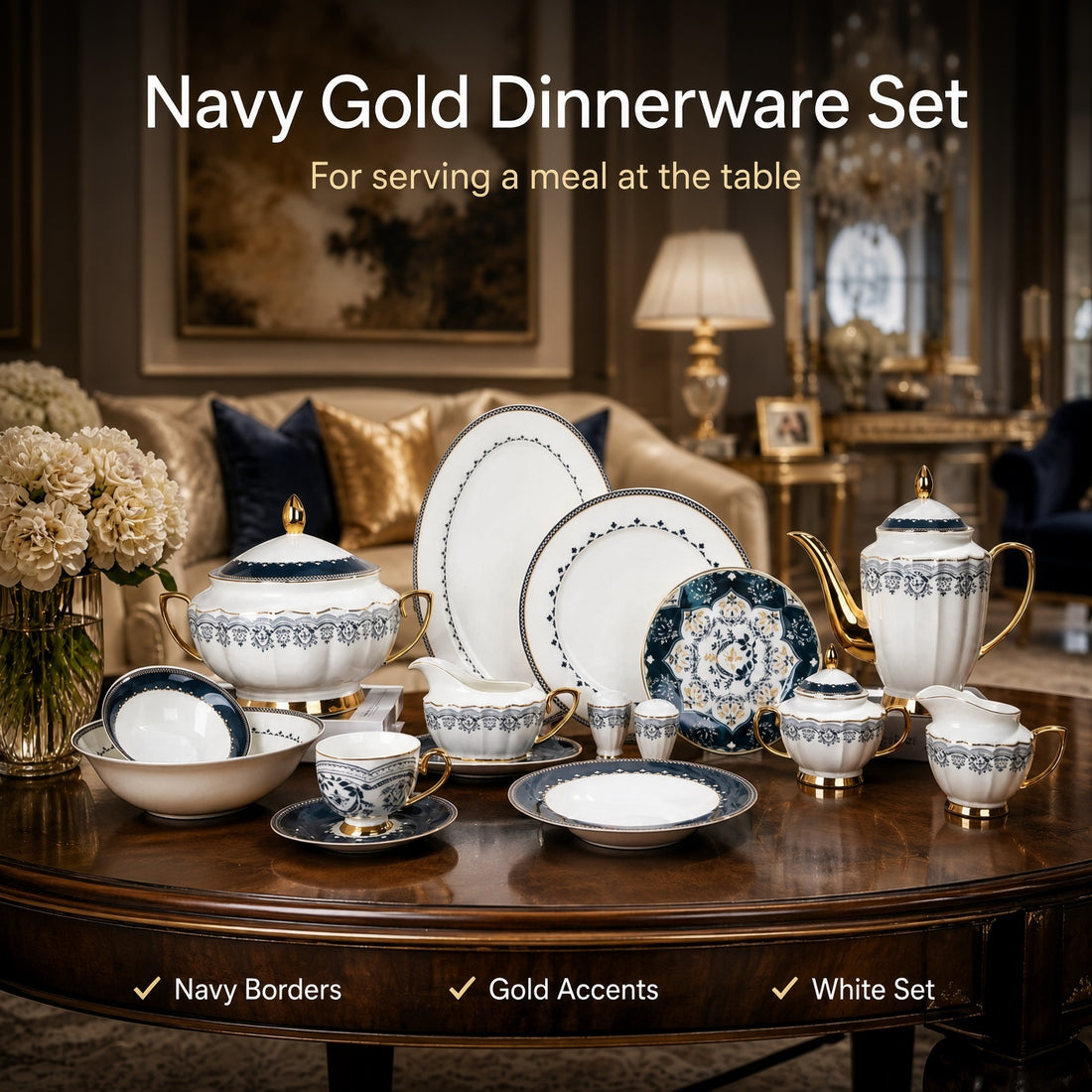 Johnson Bros Inspired Navy Gold Patterns Bone China Dinner Set