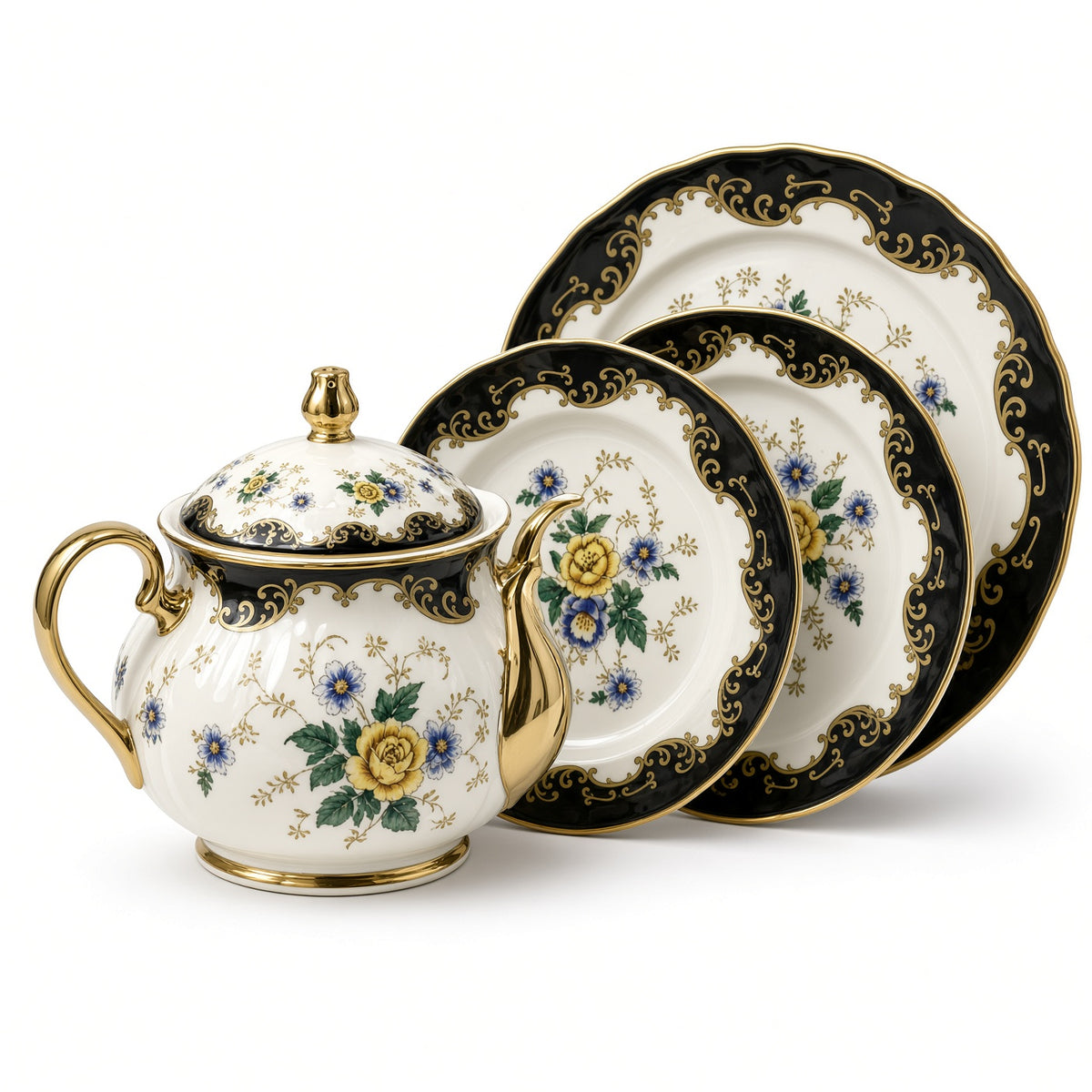 Royal Albert Inspired Black Border Floral Patterns 75 Pieces 8 Persons Serving Bone China Dinner Set