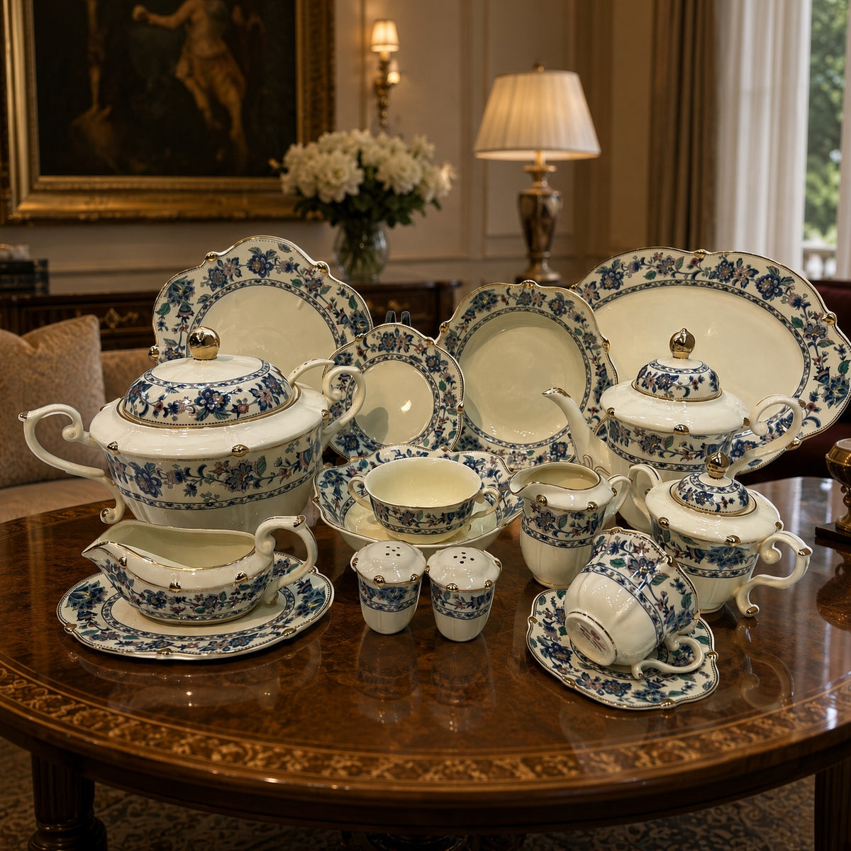 Royal Albert Inspired Blue Multicolour Floral Gold Bone China Dinner Set – 75 Pieces, 8 Persons