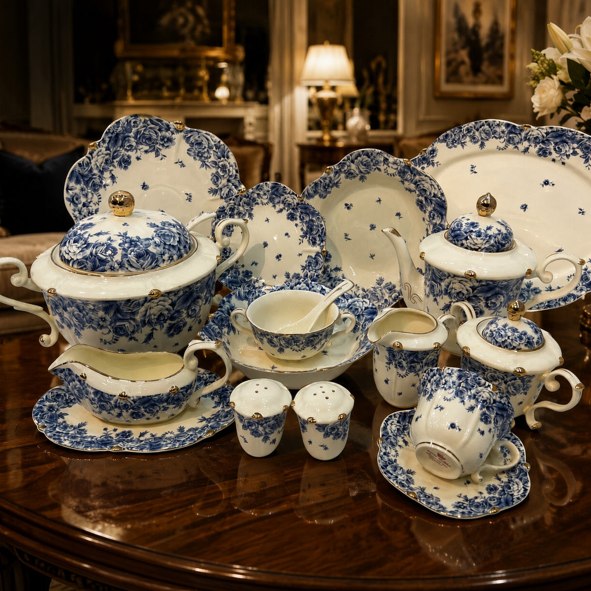 Royal Albert Inspired Blue Floral Patterns 75 Pieces 8 Persons Serving Bone China Dinner Set
