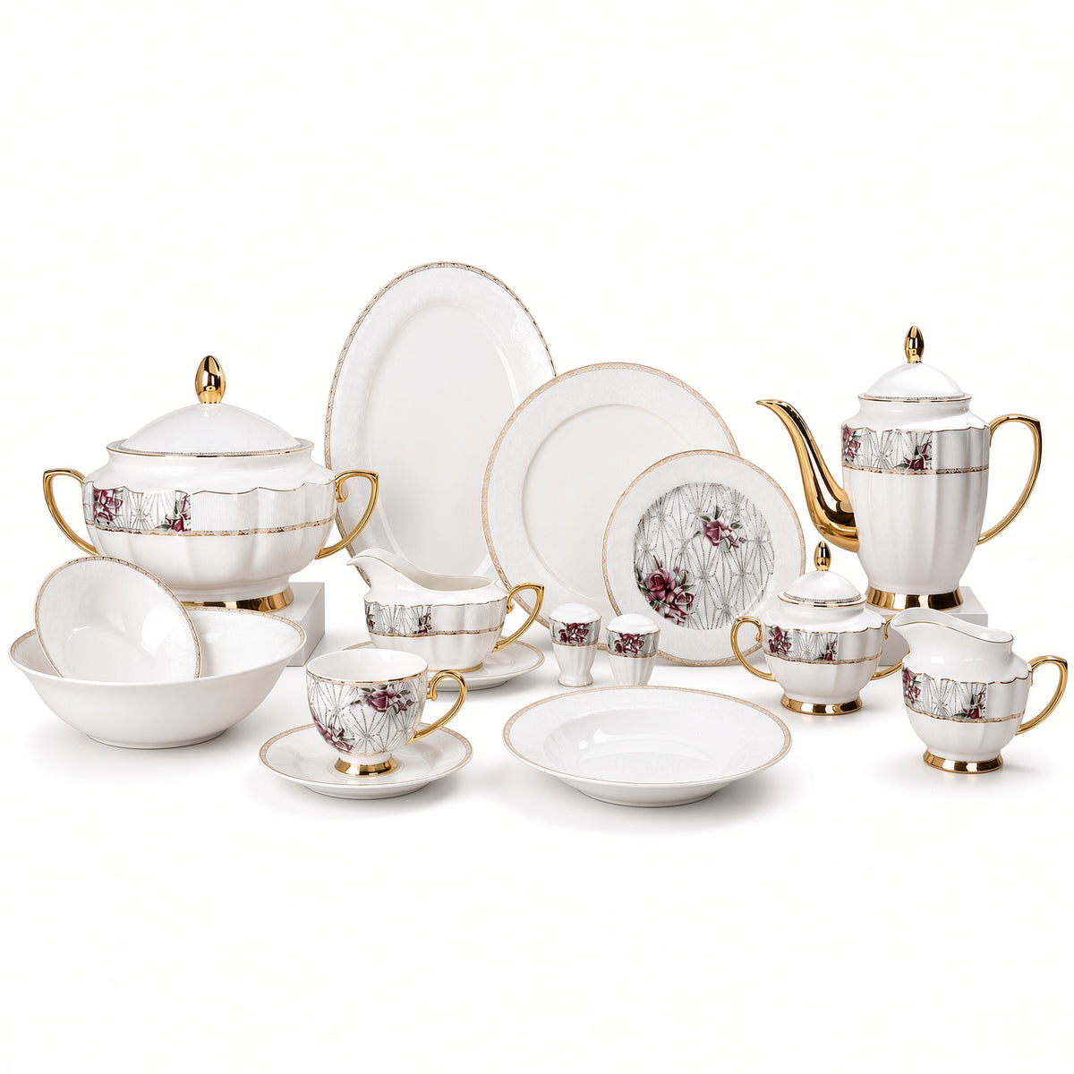 Johnson Bros Inspired Burgundy Rose Patterns Bone China Dinner Set