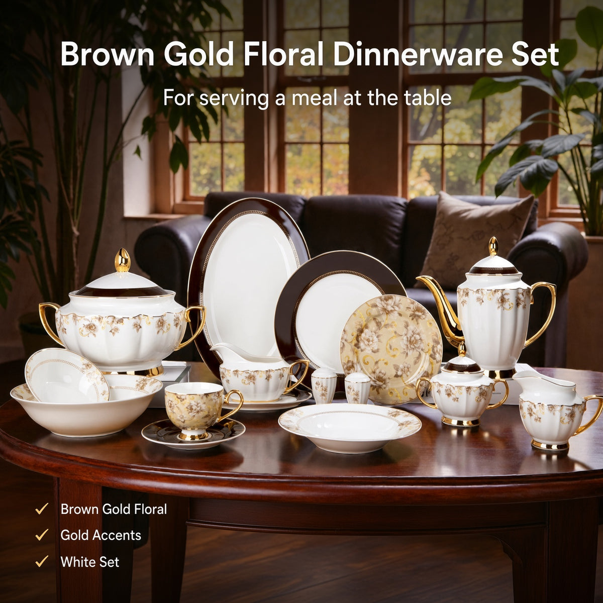 Johnson Bros Inspired Brown Gold Floral Patterns Trims Bone China Dinner Set